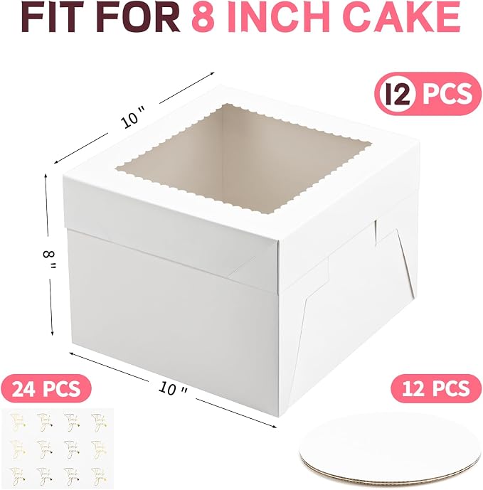 ZORRITA 12 Pack Cake Boxes, 10 x 10 x 8 Inches Tall Bakery Box with Window and Cake Boards, Disposable Cake Containers for Wedding, Birthday, Party
