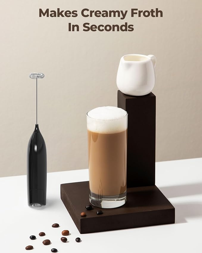 SIMPLETASTE Milk Frother Handheld Electric Foam Maker, Drink Mixer with Stainless Steel Whisk for Cappuccino, Bulletproof Coffee, Latte, Midnight Black, without Stand, Battery Operated