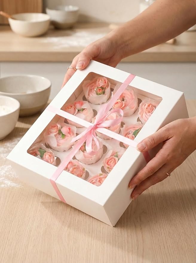 Bakepacker Auto-pop Up Cupcake Boxes with Window White 40PCS 12 Count Cupcake Box 13"x10"x3.5" Cupcakes Carrier, 12 Cupcake Containers with 2 rolls of pink ribbons