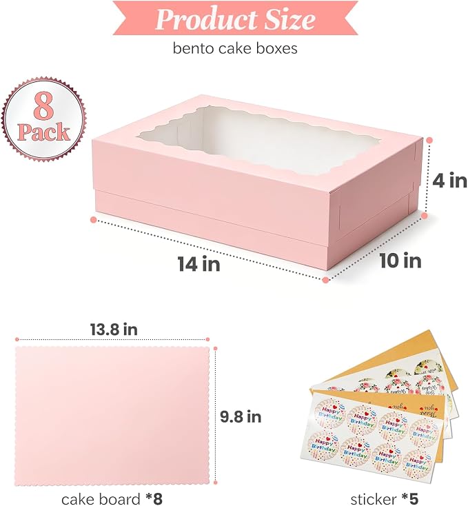 COTOPHER 14x10x4 In Sheet Cake Boxes, 16 Pcs Pink Bakery Boxes with Large Window (8 Boxes & 8 Boards), Cake Containers for Quarter Cakes, Donuts, Cupcakes, Brownie, Pastry & Pies Packaging