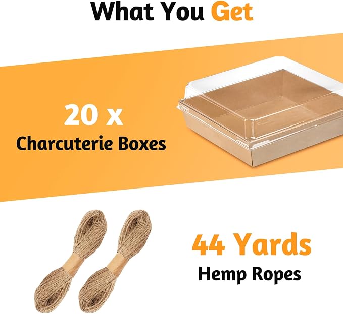ZORRITA Large Charcuterie Boxes with Clear Lids, 7x7 Inch, 20 Pack, Brown | Disposable, Square, Kraft Paper, To Go Food Containers, Bakery Boxes, For Charcuterie Desserts Strawberries Cookies
