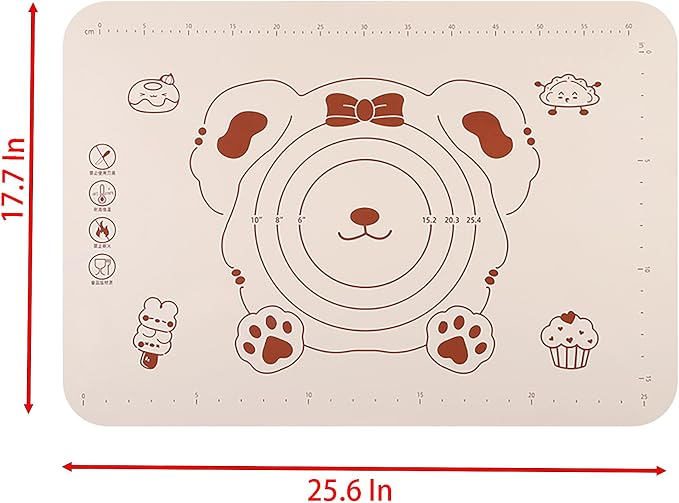 Silicone Dough Mat and Scraper, 25.6 Inch x 17.7 Inch Beige Pastry Mat with Size Scale, Anti Stick and Anti Slip Mat for Kneading Baking in Ketchen, Picnic and Party (L)