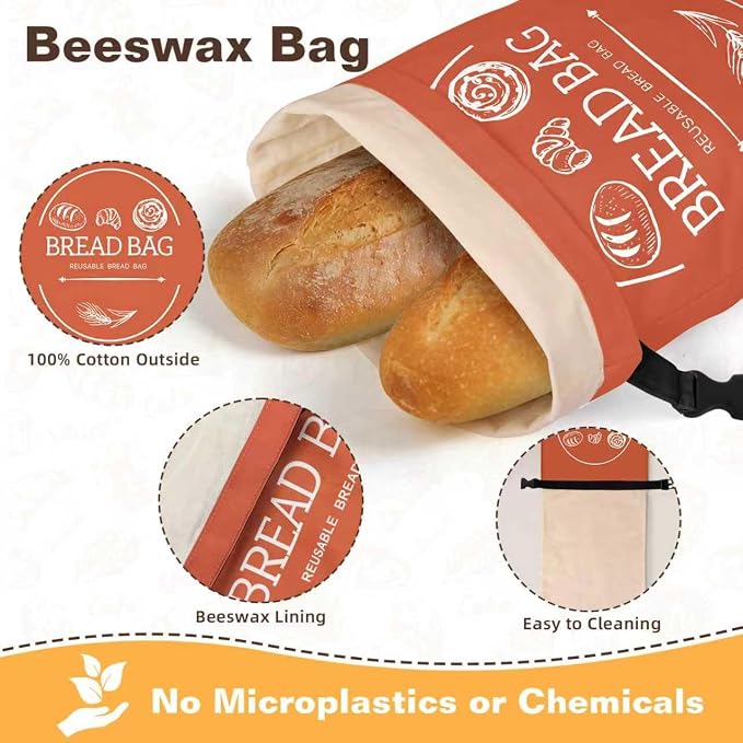 Bread Bags for Homemade, Beeswax Reusable Bread Bag for Sourdough, 1 Pack 17×13 Inches XL-Waxed Food Storage Bag to Keep Sourdough Fresh, Freezer-Safe, Eco-Friendly (Orange)