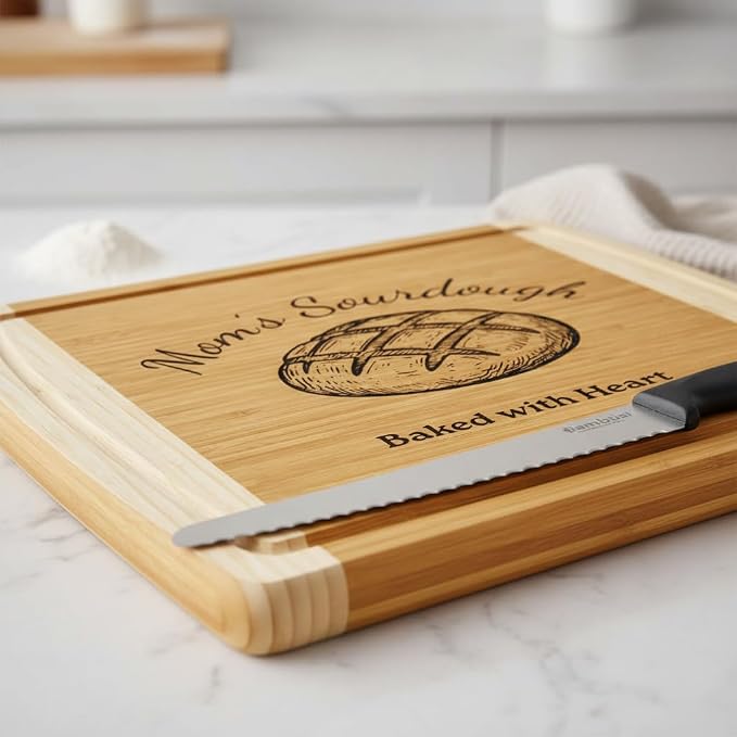 Personalized Sourdough Cutting Board and Knife - Extra Large 18 x 12 Engraved Bamboo Bread Board with Serrated Knife, Custom Monogrammed Baking Gift for Bakers, Wedding, House Warming Gift New Home