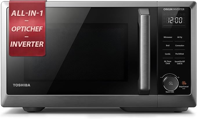 TOSHIBA OptiChef Basic Countertop Microwave Air Fryer Combo – 0.9 Cu.Ft, Origin Inverter Tech, Convection Bake & Broil, 27 Auto Menus, Black Stainless Steel
