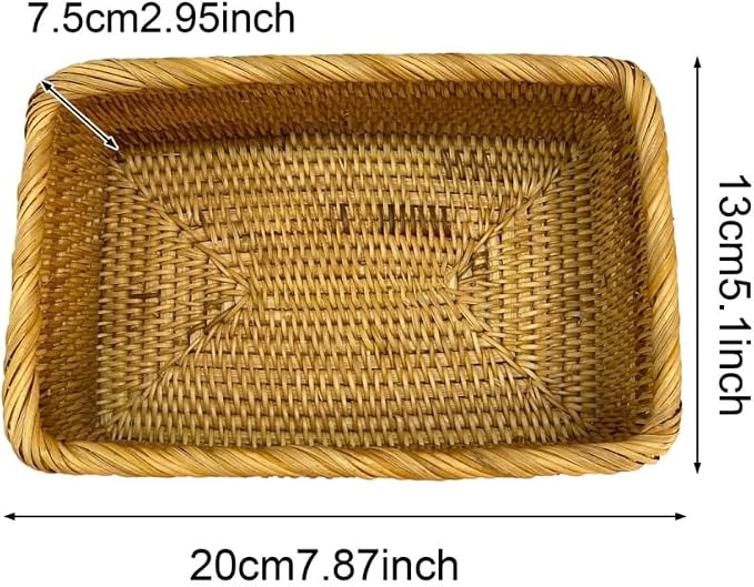 Natural Rattan Storage Baskets, Natural Rattan Fruit Storage Basket Rectangular Woven Wicker Box, Rectangular Woven Fruit Baskets, Wicker Organizer for Bathroom, Living Room (7.8" X 5.1" X 3")