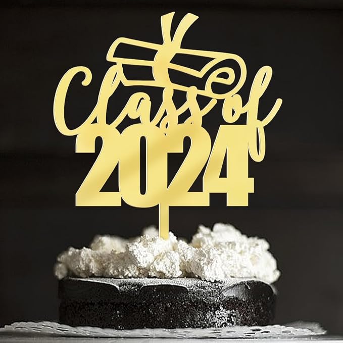 Mirror acrylic Class of 2024 Cake Topper - Congrats Grad Cake Toppers - Gold Glitter Graduation Party Decorations