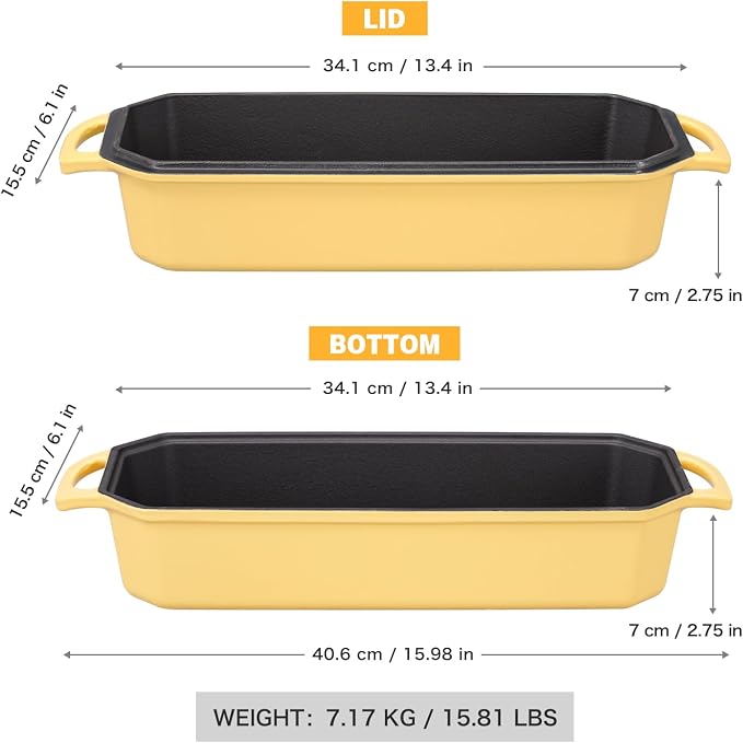Flavehc Bread Pan Cast Iron Loaf Pan with Lid Bread Loaf Pan 13x5 Inch Enameled Cast Iron Sourdough Bread Pan,Yellow