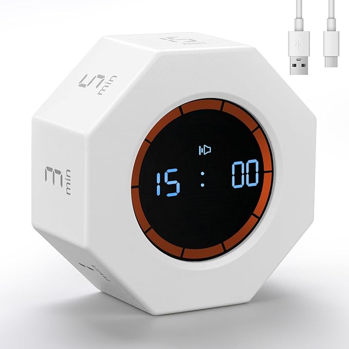 Small Rechargeable Pomodoro Timer, Gravity Sensor Auto-Rotating 7 Preset Times (1/3/5/15/30/60/90 min) & Count Up Mode, Digital Kitchen Timers for Cooking, Work and Study (Pearl White)