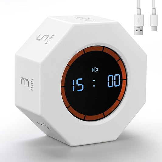 Small Rechargeable Pomodoro Timer, Gravity Sensor Auto-Rotating 7 Preset Times (1/3/5/15/30/60/90 min) & Count Up Mode, Digital Kitchen Timers for Cooking, Work and Study (Pearl White)