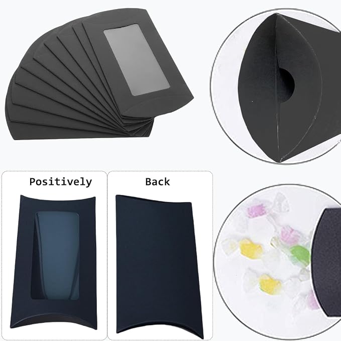 50 Pcs Pillow Gift Boxes with Windows,Kraft Paper Mini Pillow Packaging Box, Creative Favor Box Folding Treat Boxes with Clear Window for Bakery Candy Chocolate Jewelry Display Wedding Party Favor (Black 50)