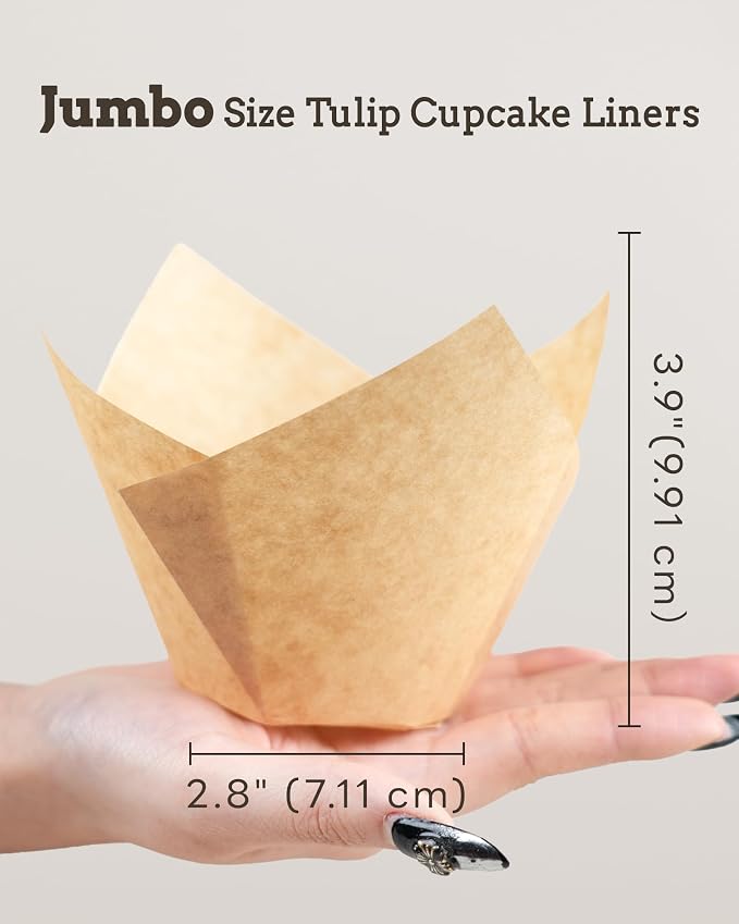 Bake Choice 100pcs Natural Super Jumbo Tulip Cupcake Liners for Baking, Unbleached Cupcake Liner, Greaseproof Parchment Paper Muffin Liners, Tulip Muffin Liners for Party, Christmas, Valentines