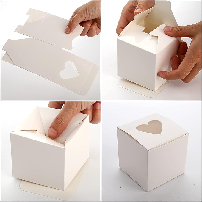 100 Pack White Individual Cupcake Containers with Heart Shaped Window, 3 Inch Small Single Bakery Box Cardboard Holder for Mini Cake Cookie Dessert, Packaging Togo Box for Birthday Party Favor