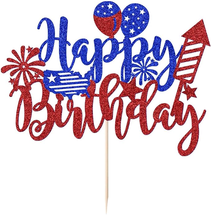 Kaoenla American Happy birthday on independence day Cake Topper | Blue Red Glitter Independence Day Cake Toppers 4th of July Flag Day Photo Props & USA Patriotic Happy Birthday Party Supplies