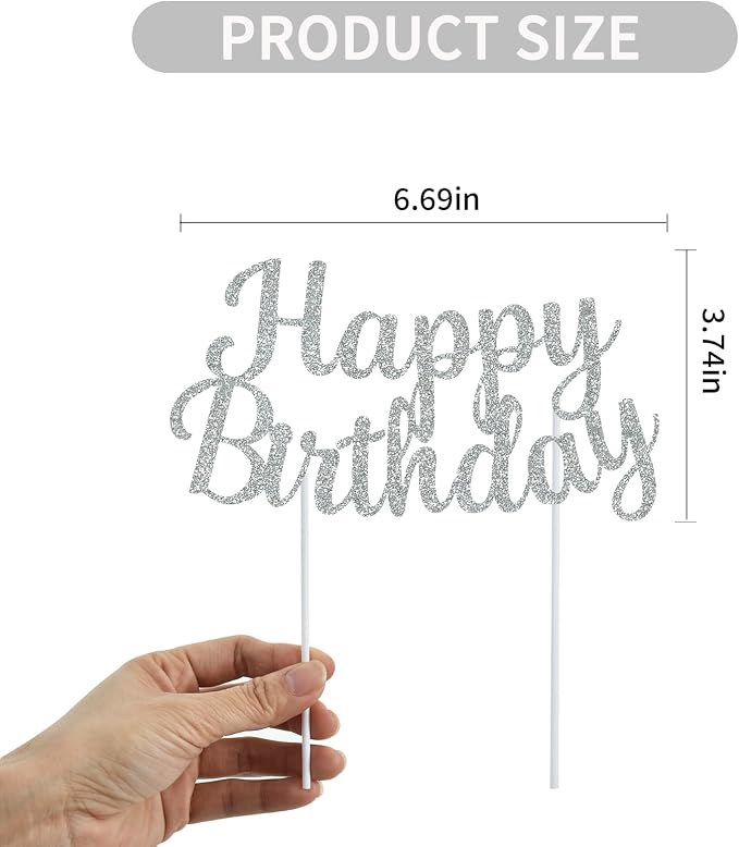 BEISHIDA Silver happy birthday Cake Topper, Happy Birthday Cake Bunting Decor,Birthday Party Decoration Supplies，Photo Booth Props