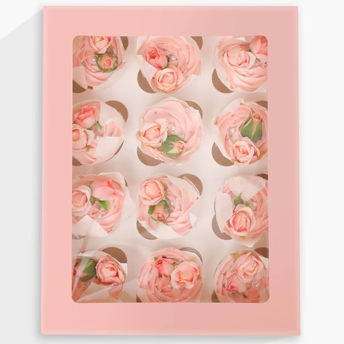 qiqee Auto-pop Up Cupcake Boxes with Window Pink 40PCS 12 Count Cupcake Box 13"x10"x3.5" Cupcakes Carrier, 12 Cupcake Containers with 2 rolls of pink ribbons
