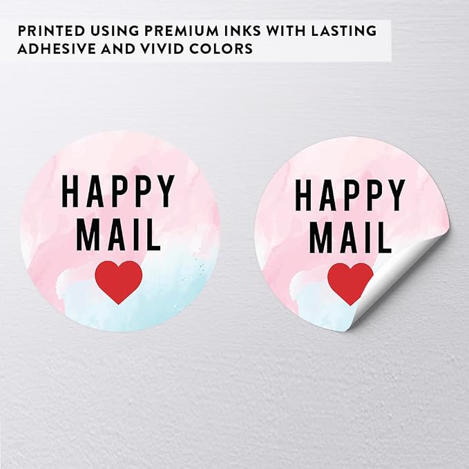Andaz Press Round Small Business Labels, 120-Pack, Watercolor Happy Mail, Red Heart, Packaging & Product Labels for Small Business Thank You & Company Stickers