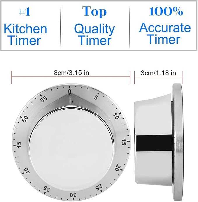 Kitchen Timer, Acogedor Mechanical 1-Hour Kitchen Timer, Stainless Steel Countdown Timer, Long Ring, Magnetic Kitchen Timer Clock for Cooking - Silver(Silver)