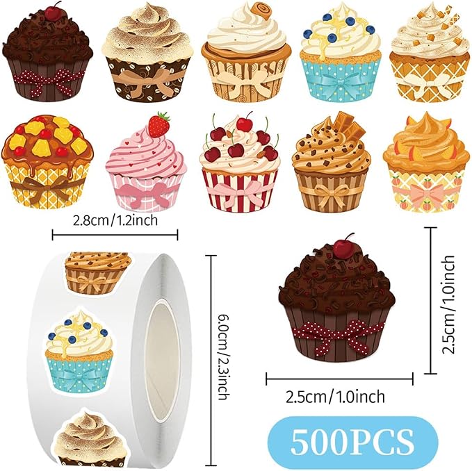Cupcake Stickers,500Pcs Cute Dessert Party Decorations Stickers Colorful Cupcake Decals for Kids Scrapbooking Party Favors Water Bottles Envelopes Reward Labels