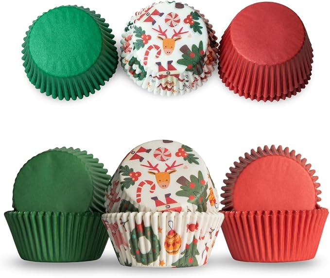 500 Paper Cupcake Liners, Muffin Liners or Baking Cups for Desserts, Muffins, Cupcakes and More Treats; Grease Proof, Food Grade, Nut Serving Containers (Christmas)