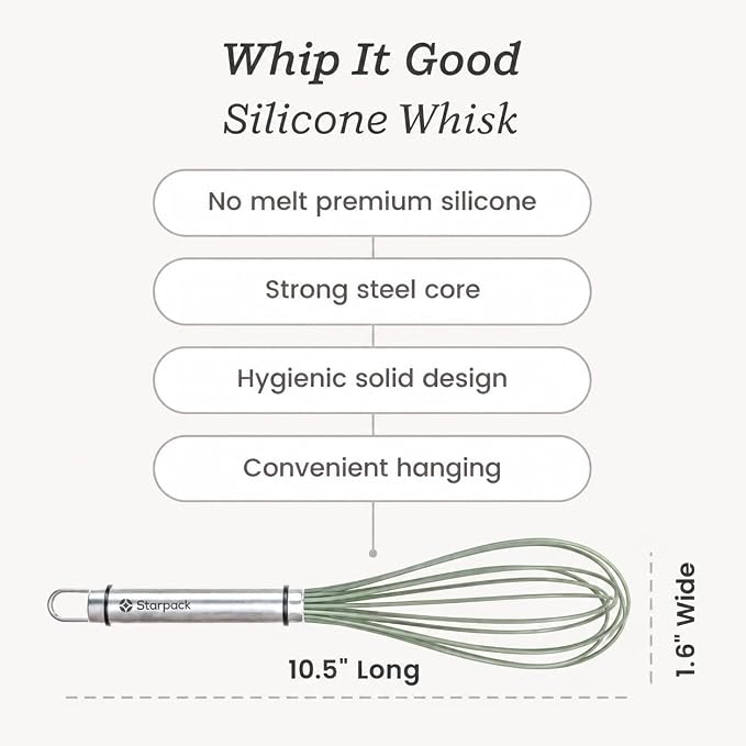 Starpack 'Whip it Good' Silicone Whisk for Nonstick Cookware - Non Scratch, 10.5" Whisk Heat Resistant 600°F - Kitchen Whisks for Cooking, Baking & Stirring - Silicone Coated Durable Rubber Egg Whisks