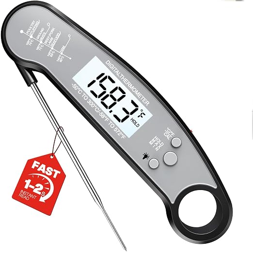 Meat Thermometer Digital – Instant Read Food Thermometer for Grilling, BBQ, Air Fryer, Smoker, Candy Making, Kitchen Gadgets, BBQ Essentials, Gift for Dad, Men, Black & Grey