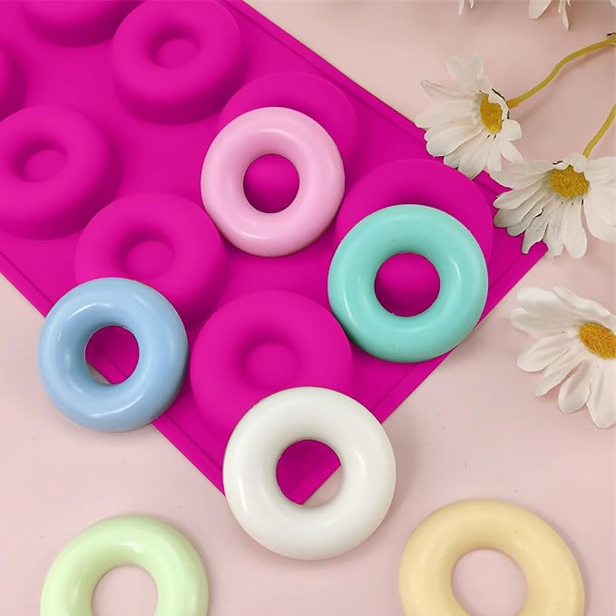 2er Pack Silicone Donut Mold - Non-Stick Silicone Doughnut Pan DIY Chocolate Baking Cookie Molds, Heat Resistant, Make Donut Cake Biscuit Bagels, BPA Free Dishwasher Safe (rose red, 8 Cavities)