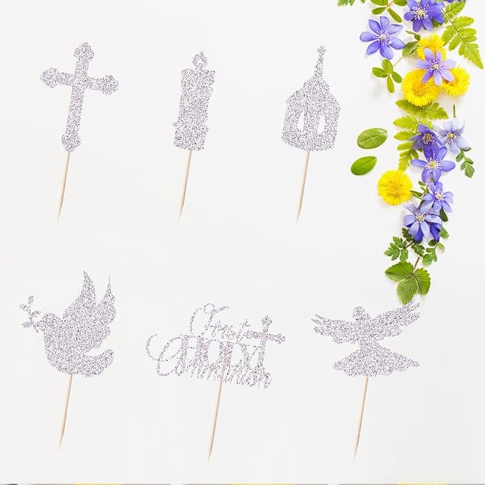 24 piece Silver glitters First Holy Communion Cupcake Toppers Glitter Dove Cross God Bless Cupcake Picks Christian Baby Baptism Theme Cake Decorations for Baby Shower Birthday Party