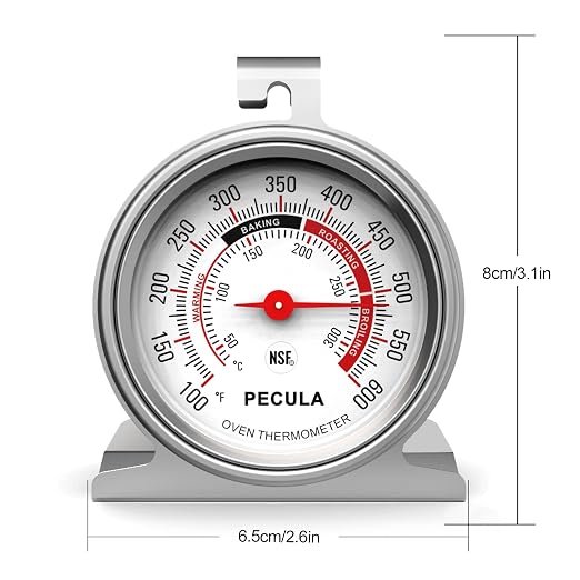 PECULA Stainless Steel Oven Thermometer Large Dial – Instant Read, 50-300°C / 100-600°F Accurate Temperature Gauge for Baking, Grilling, Roasting & Meat Use