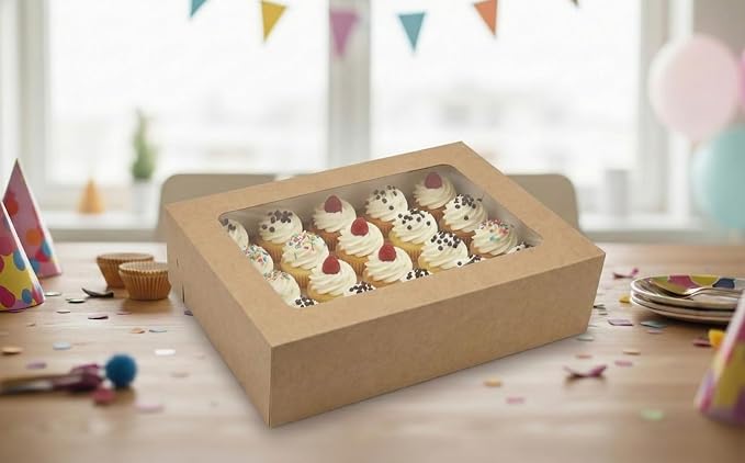 Mini Cupcake Box 6-Pack, Holds 24 Mini Cupcakes, CupCake Holder, Cake Carrier, Food Grade Brown Kraft Pop-up Bakery Boxes, 14 x 10 x 4 inch with Inserts and Window Fits 24 Cupcakes Pack of 6.