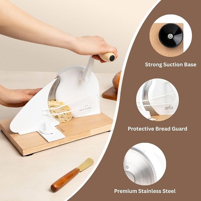 Bread Slicer for Homemade Bread – Adjustable Manual Bread Cutter for Sourdough Bread, Even Slices with Hand Crank, Serrated Blade, Scale Guide & Secure Base