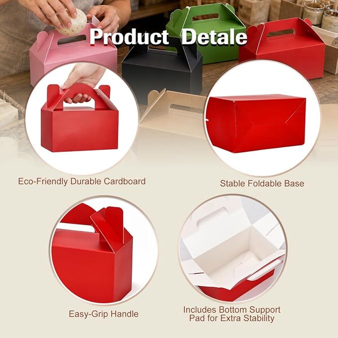 Aosric Small Red Gable Boxes 3.5 x 3.5 x 6.3 In, 30 Pack | Premium Cardstock Favor Boxes with Handles for Christmas, Valentine's Day, Holiday Parties, Candy, Cookies & Gift Packaging