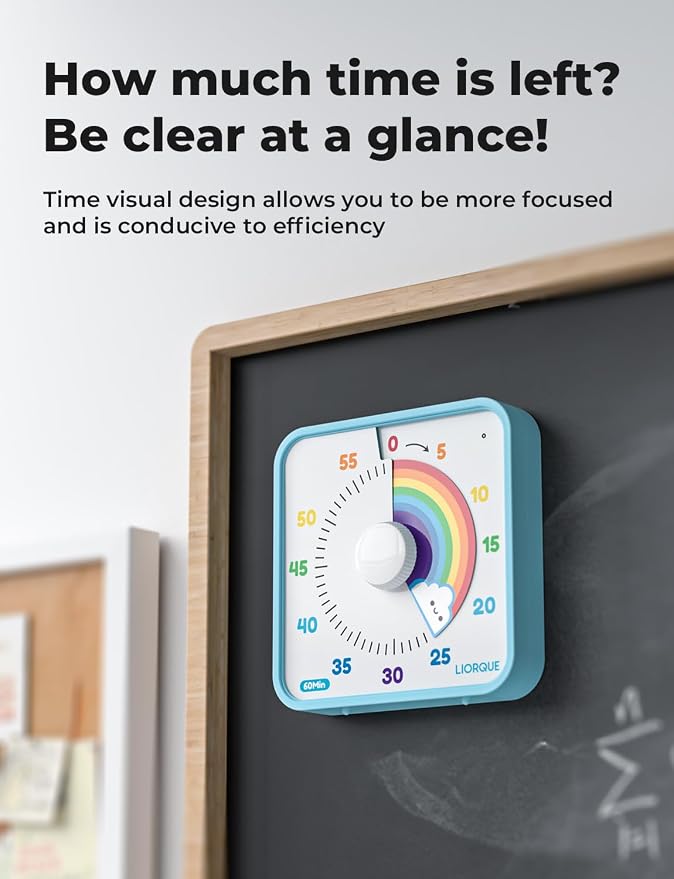 LIORQUE 60 Minute Visual Timer for Kids and Adults, Non-Ticking 7.5 Inch Large Visual Countdown Timers for Classroom Desk Countdown Clock with Magnetic Backing, Kids Pomodoro Timer Clock