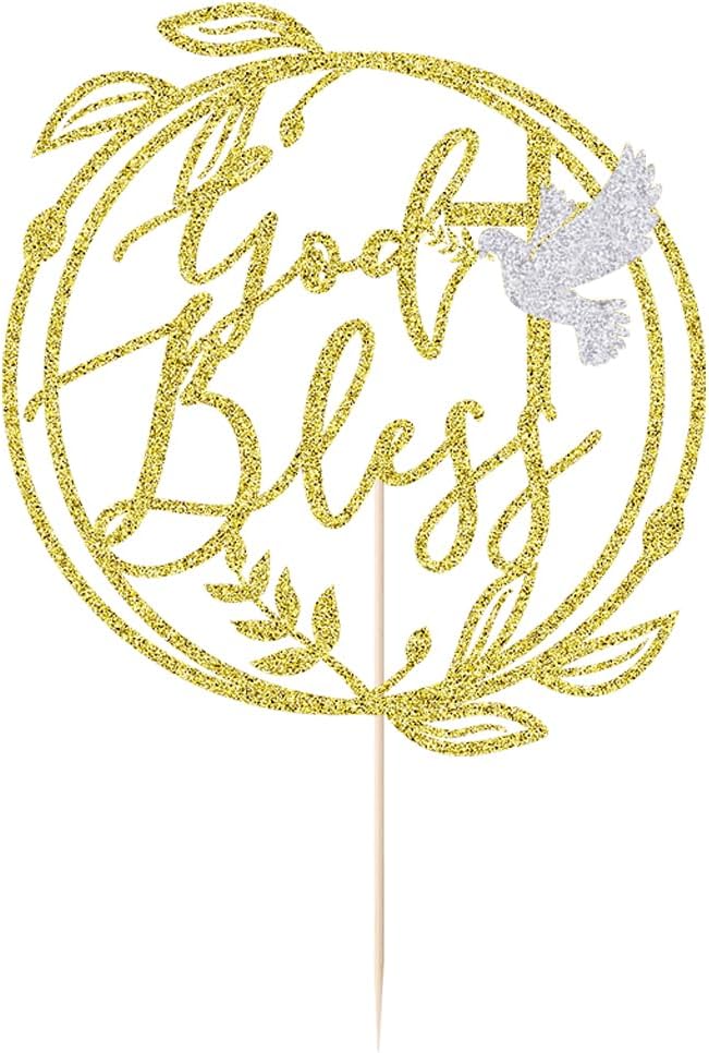 Gold Glitter god Bless Baptism Cake Topper - Keepsake Cross Design,for Christening & Holy Communion,Baby Shower 1st Birthday Party Divine Celebration Elegant Cake Decor