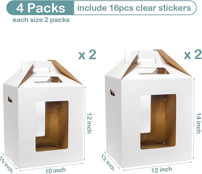 Wowxyz 4 Pack 2 Sizes Tall Cake Boxes for Tier Cakes 10x10x12 & 12x12x14 Inches Disposable Layer Baking Carrier with Window Large Tierd Bakery Take Out Transport Containers with Handle for Wedding