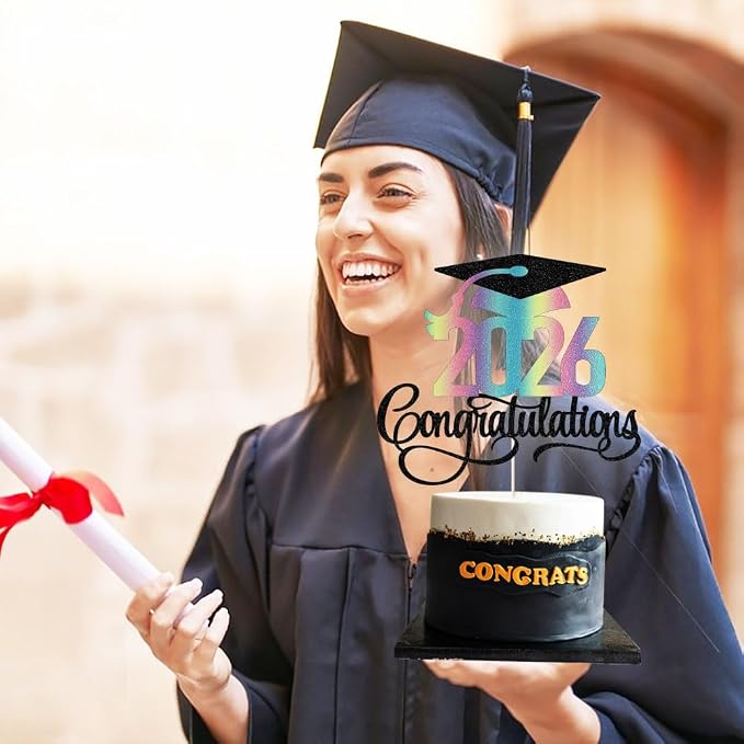 Glitter 2026 Congratulations Graduation Cake Topper,Congrats Grad Cake Decor - 2026 High School/College/Senior Graduation Party Decorations Supplies（Black and color）