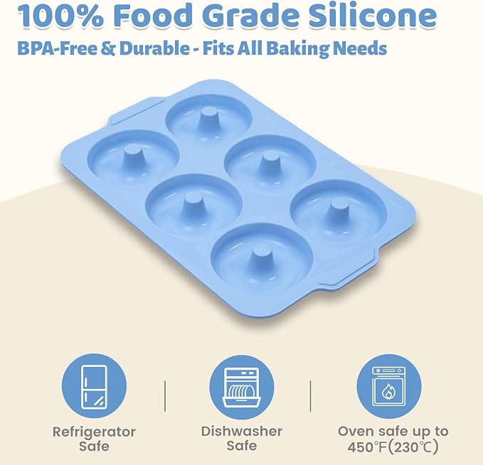 Nonstick Silicone Donut Pan: 3.5 Inch Large Donut Mold with Metal Frame - Bagel Doughnut Pan for Baking Gluten Free Glazed Vegan - for Oven Housewife Home Baker Baking Lovers (Blue)