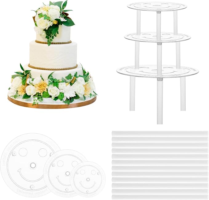 Thinp 15 Pcs Cake Dowels Rods with 3 Cake Boards Set, 4 6 8 Inch Plastic Tiered Cakes Supports, Reusable Hollow Stacking Dowels for Wedding Birthday Party Cakes Construction Supplies