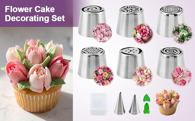 Russian Piping Tips Set, Stainless Steel Cupcake Flower Shaped Frosting Nozzle Kit with 6 Russian Piping Tip, 2 Leaf Piping Tip & Storage for Cake Decorating, Cupcake, Cookie