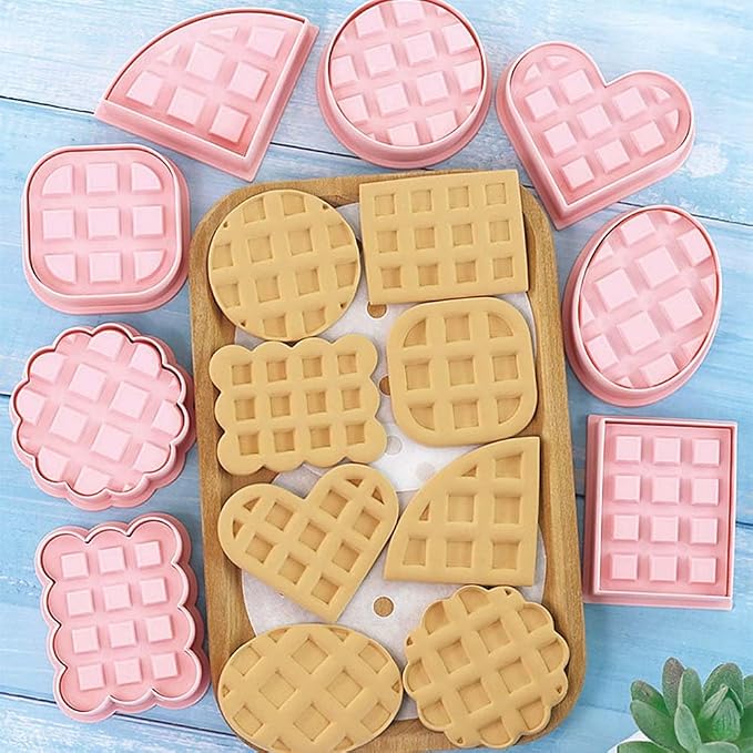 Mini Waffles Round Cookie Cutters, 8pcs 3d Classic Raised Design Cookie Stamps, Triangle, Rectangle, Square, Heart, Oval, Mini Pie Cookie Molds, Circle Cookie Cutter Set for DIY Baking (Waffles)