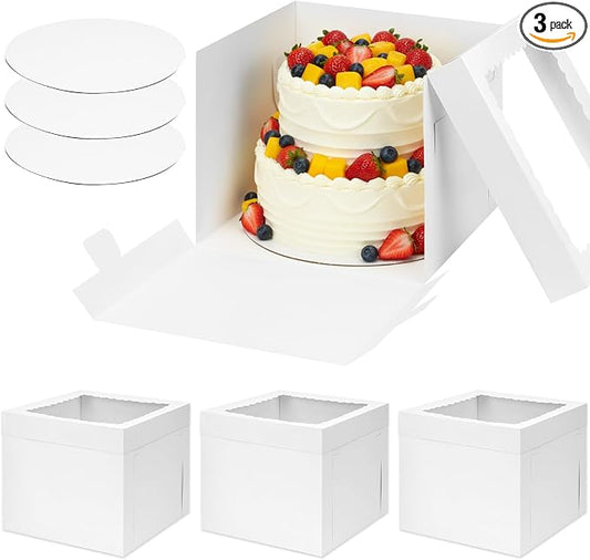 Moretoes 3 Pack Cake Boxes 12 Inch with Boards, 12x12x10 Inches White Cake Carrier Bakery Containers, Disposable Bakery Boxes for Valentine's Day Mother's Day for Cake Cupcake Cookie Pie Pastry