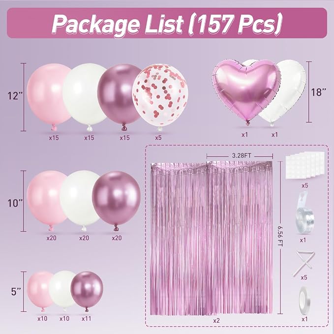 157Pcs Pink and White Balloons Garland Arch Kit with Metallic Pink Fringe Curtain for Girl Princess Woman Bridal Shower Engagement Wedding Baby Shower Birthday Party Decorations
