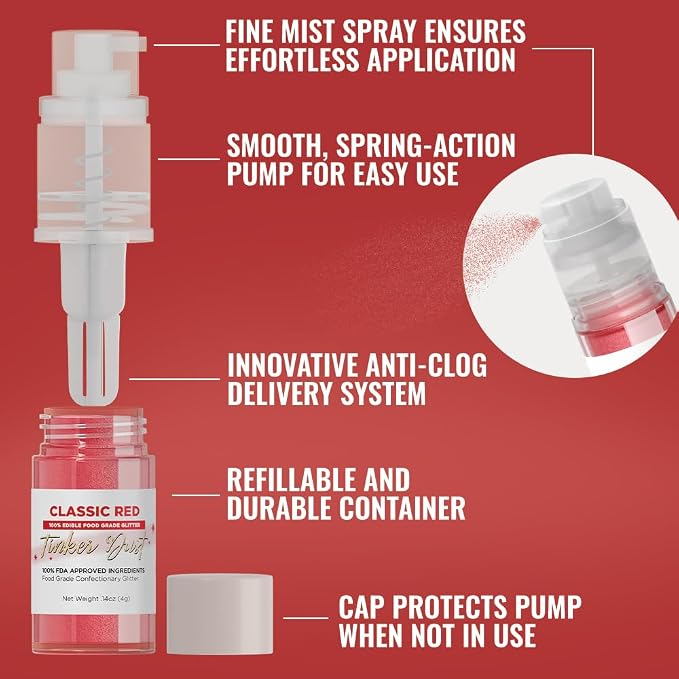 Bakell - Classic Red Tinker Dust (4g, 1x Mini Spray Pump) Edible Glitter for Food, Desserts, and Baked goods!