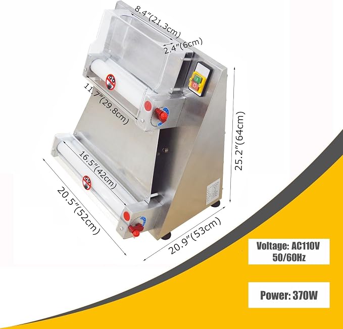 110V Commercial Automatic Pizza Dough Press Machine Adjustable Thickness 370W Electric Pizza Dough Roller Sheeter 4-15.7” Stainless Steel