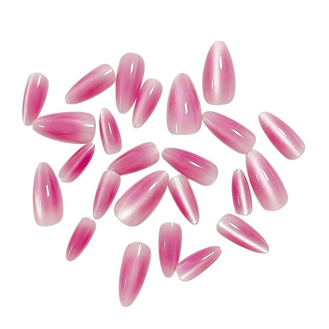 24Pcs French Press on Nails Short Almond ZWENJIE Cat Eye Fake Nails Press ons Nail Tips Stick on Nails Glossy Acrylic Nails Kit False Nails with Pink Blush Design Nail Art for Women Glitter Manicure