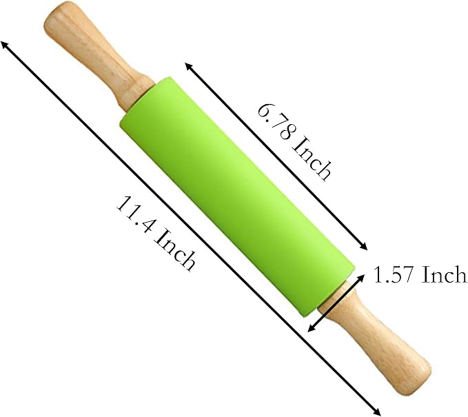 Silicone Rolling Pin, Green 11.4 Inch Pin with Wooden Rotatable Handle for Dough of Baking Bread, Cookie, Pizza (green, 9 inch) (green, 11.4 inch)