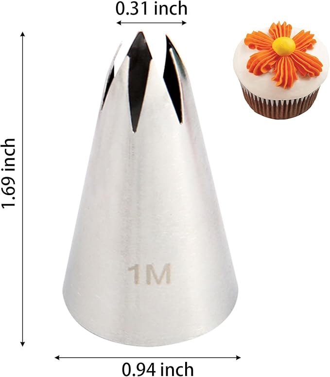1M Piping Tip Set of 5, 304 Stainless Steel Star Seamless Icing Nozzles for Cupcakes, Cookies, Cake Decorating, and Baking Tools, Durable Frosting Tip