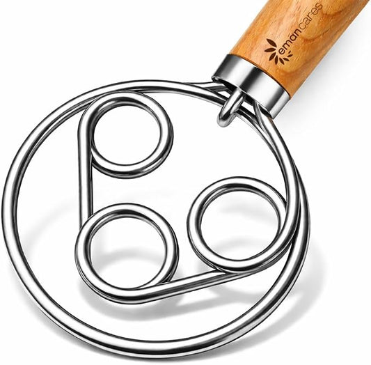 Danish Dough Whisk for Sourdough – Thick Stainless Steel Dutch Whisk with Ergonomic Oak Handle – Heavy-Duty Dough Mixer for Bread & Baking