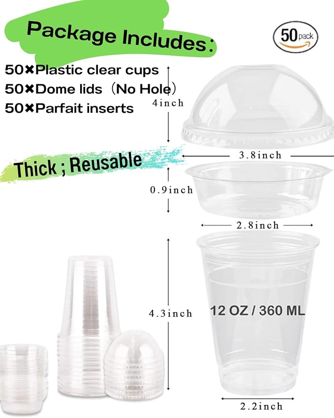 50 Sets 12 oz Clear Plastic Cups with Insert & Dome Lids(NO HOLE) - Disposable Parfait Cups with Lids for Fruit Yogurt Smoothie Iced Cold Drinks Dips and Veggies, No Leaking