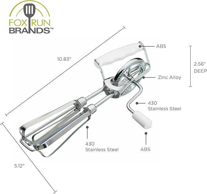 Fox Run Stainless Steel Manual Hand Mixer, White Retro Style Egg Beater, 10" x 5"